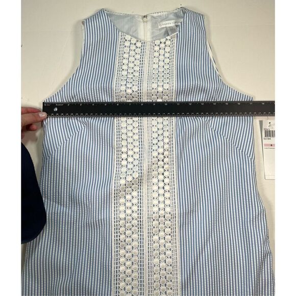 NEW London Times Sleeveless Blue White Lace Searsucker Stripe Shift Dress Size 6 - Picture 7 of 8
